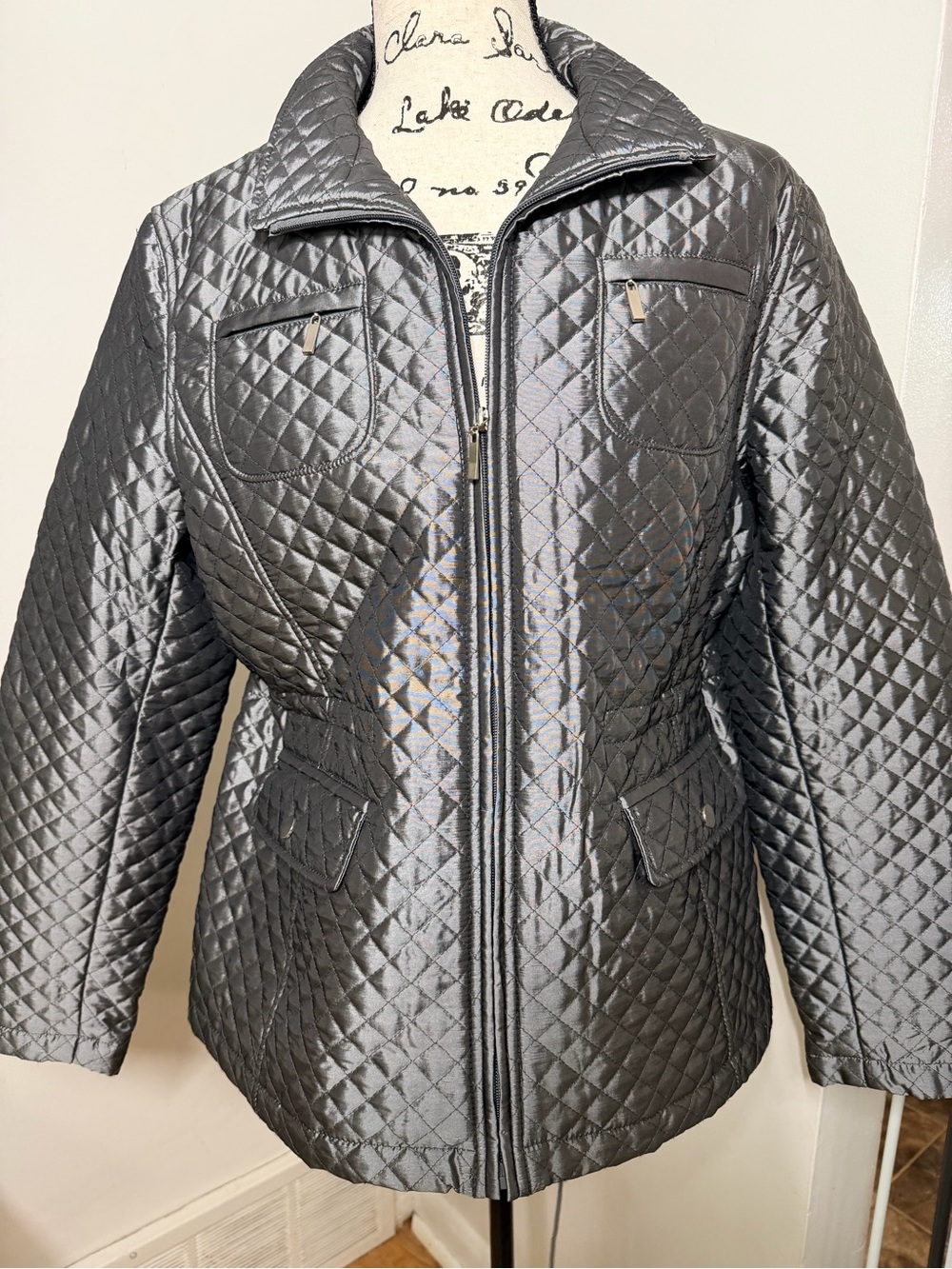 White Stag L Gray Diamond Quilted Zip Utility Jacket Cinch Waist Y2K Momcore